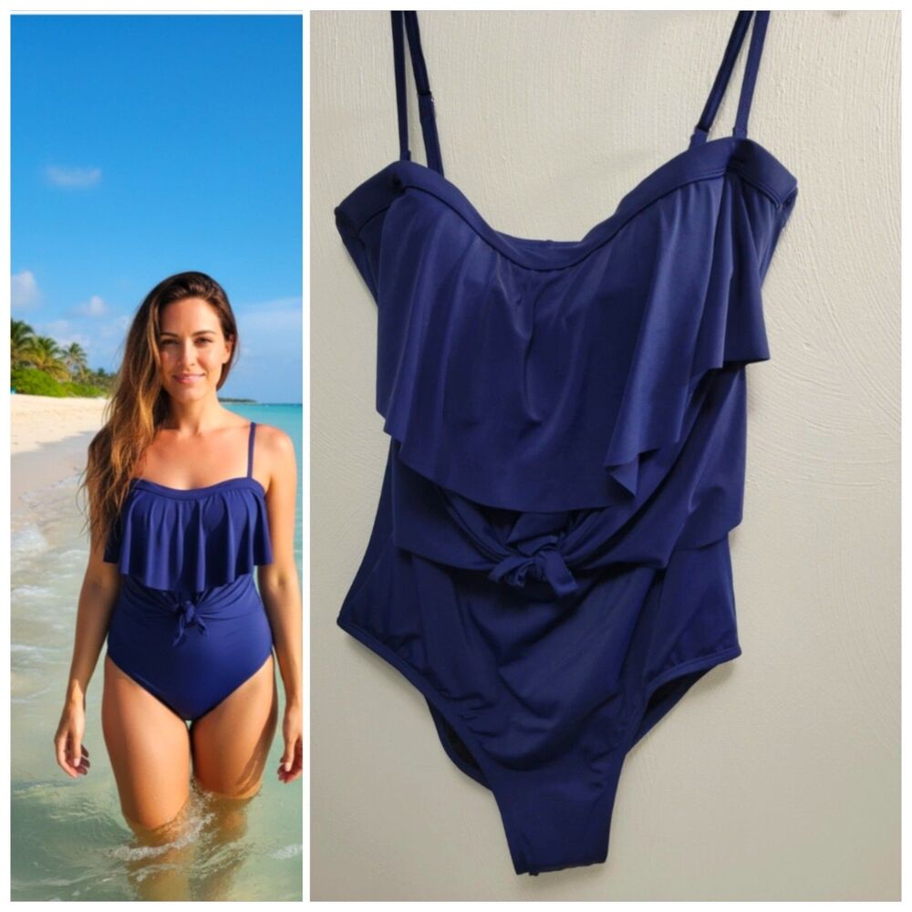 New Swimsuit Womens Size 16 Blue Adjustable Removable Straps Ruched By Firpearl